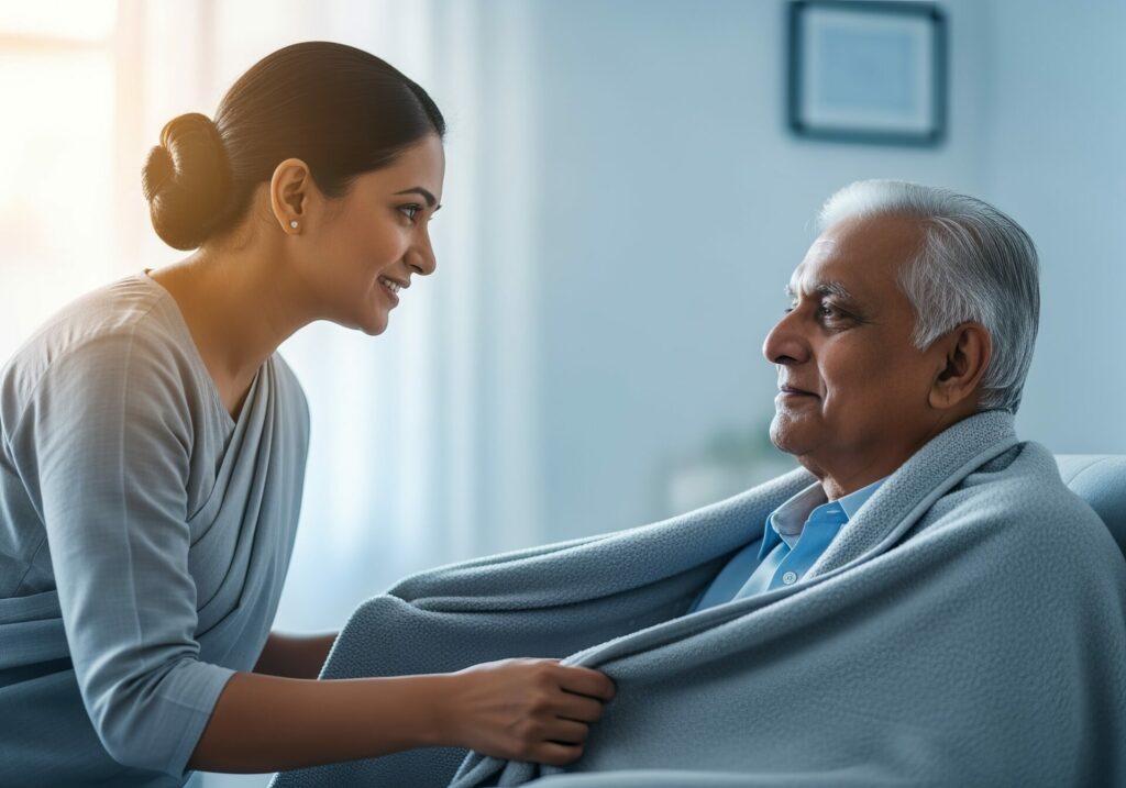 An elderly man receiving care from a female caretaker in his home